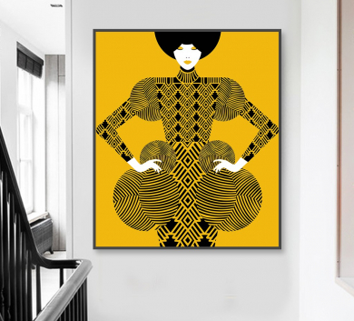 Tranh Vẽ Cô Gái Múa Quạt Nền Vàng