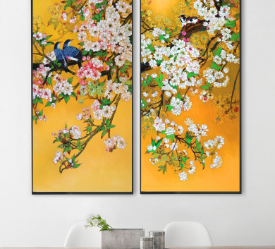 Trang Trang Trí Đôi Chim Nền Vàng VR54