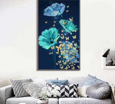 Tranh Trang Trí Hoa Xanh Và Bướm Vàng STTV4